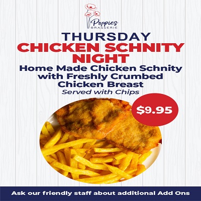 Monday night, Chicken Schnity Night with home made chicken schnity with freshly crumbed chicken breast, served with chips.
