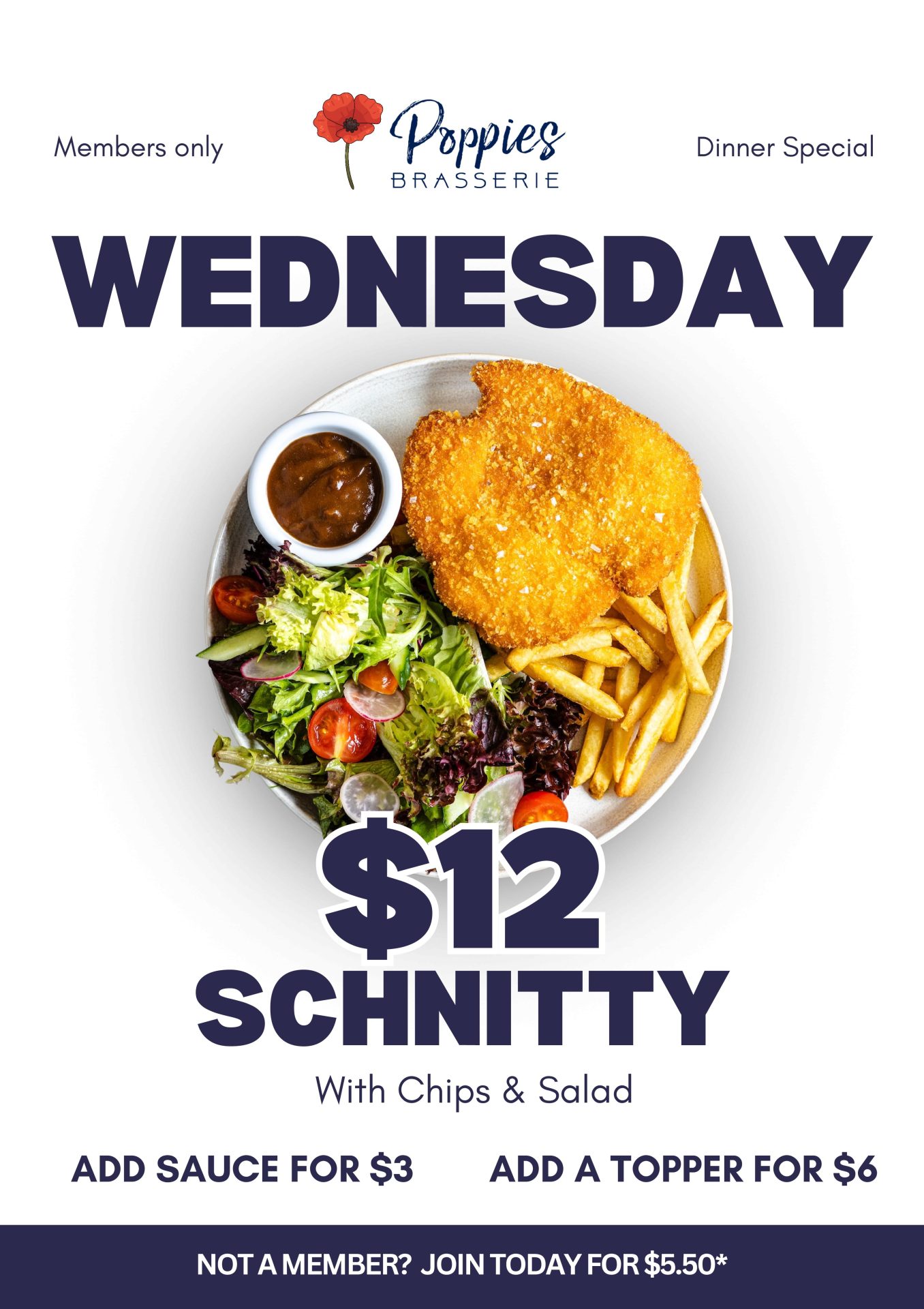 Monday night, Chicken Schnity Night with home made chicken schnity with freshly crumbed chicken breast, served with chips.