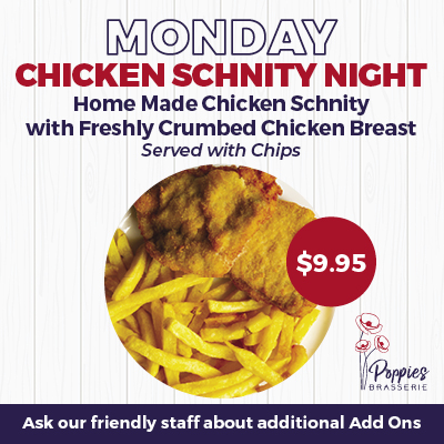Monday night, Chicken Schnity Night with home made chicken schnity with freshly crumbed chicken breast, served with chips.